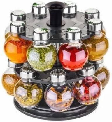 Jar-Chronicles 360 Degree Revolving Spice Rack, Masala Rack, Spice Box, Masala Box, Masala Container (1 Stand,16 Plastic Bottles With Steel Cap)