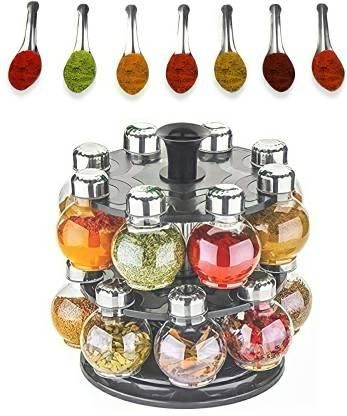 Jar-Chronicles 360 Degree Revolving Spice Rack, Masala Rack, Spice Box, Masala Box, Masala Container (1 Stand,16 Plastic Bottles With Steel Cap)