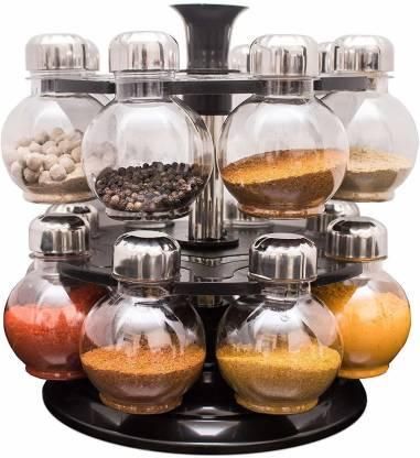 Jar-Chronicles 360 Degree Revolving Spice Rack, Masala Rack, Spice Box, Masala Box, Masala Container (1 Stand,16 Plastic Bottles With Steel Cap)